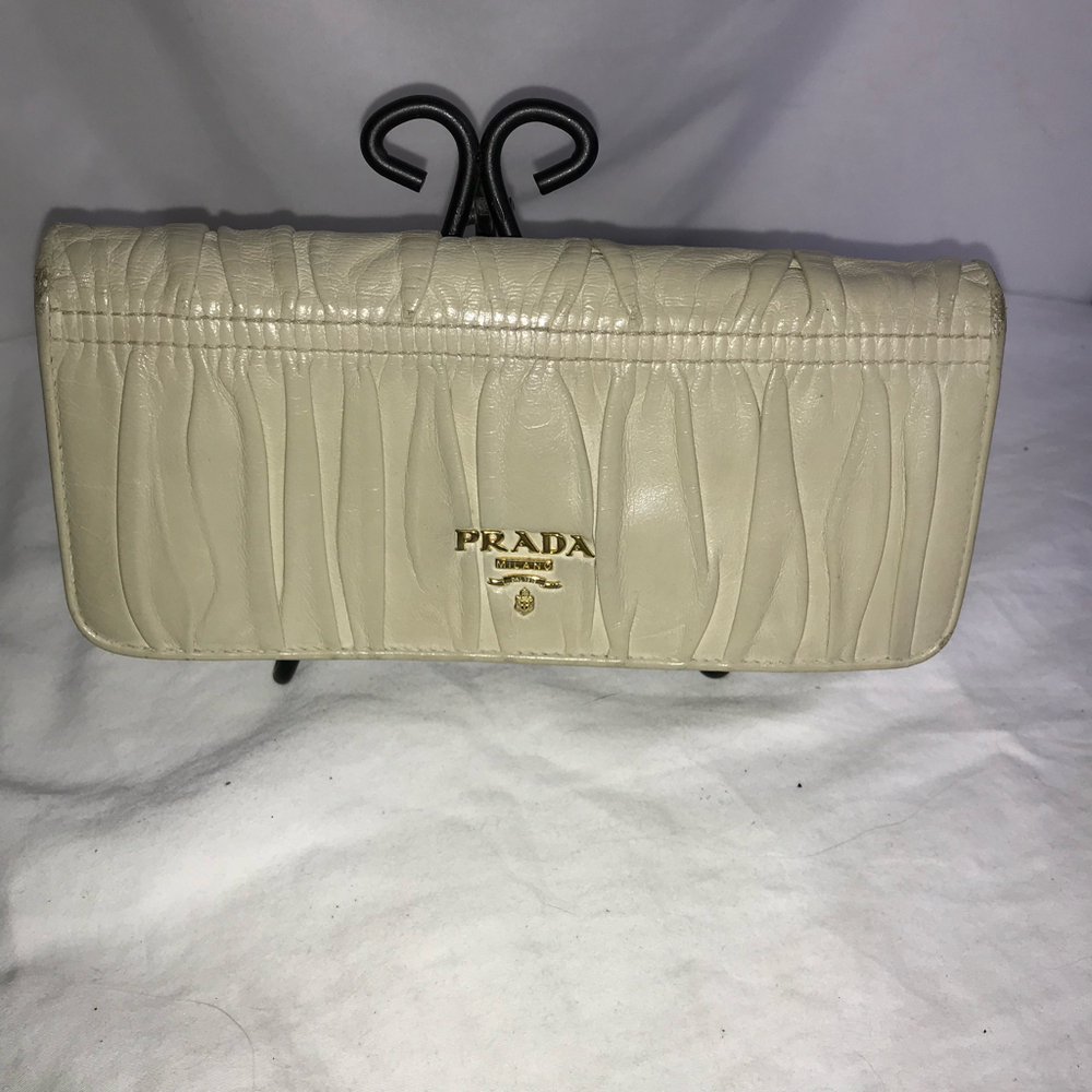Prada Nappa Leather Gather Long Trifold Cera Cream Wallet